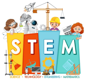 STEM education logo with children cartoon character