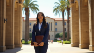 female student standing in front of university