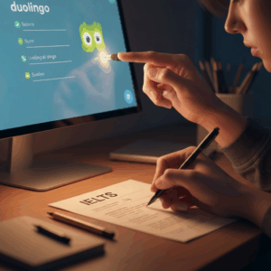 Hands marking Duolingo and IELTS scores